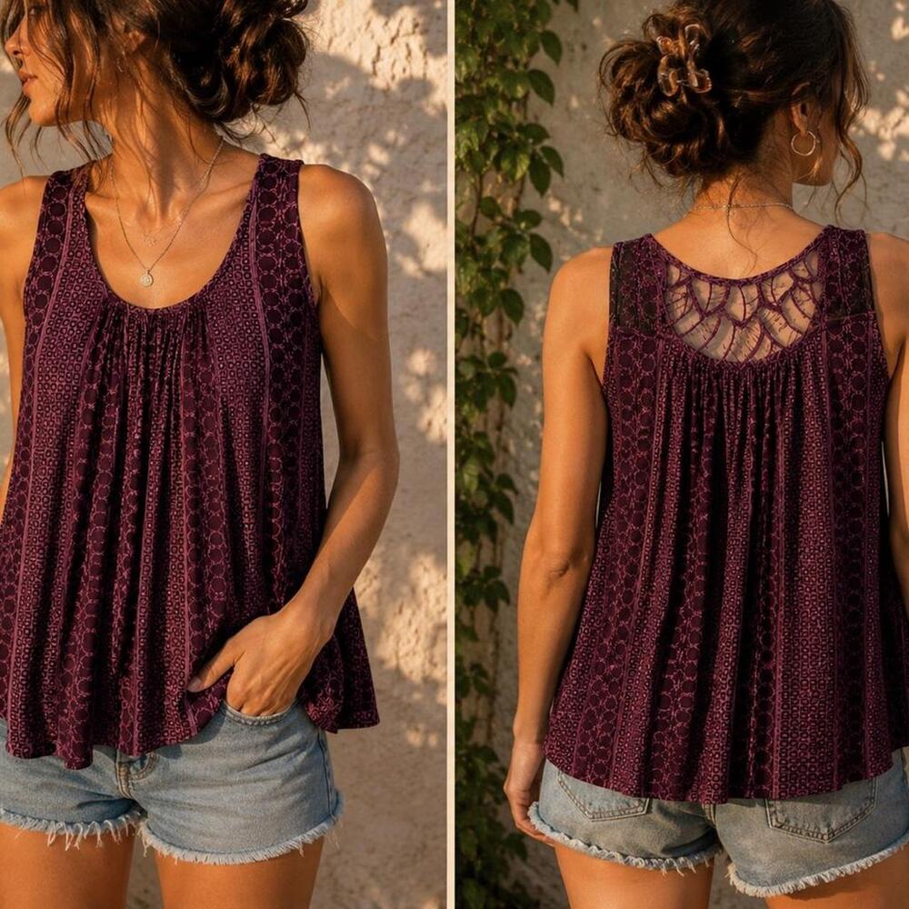 Kimchi Blue Embroidered Lace Back Swing Tank Top S